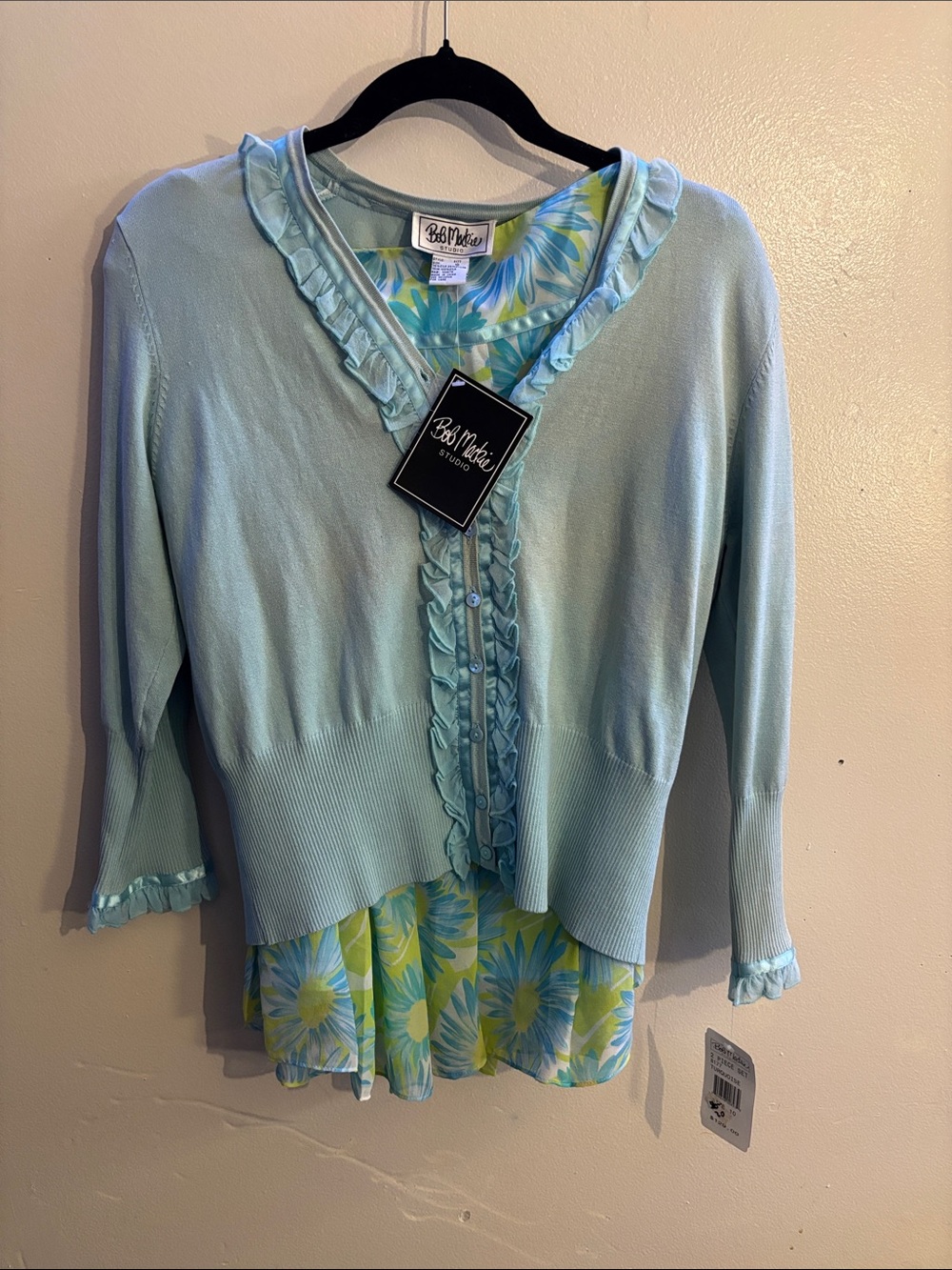 BB Dakota Aqua Ruffle Cardigan with Floral Shell